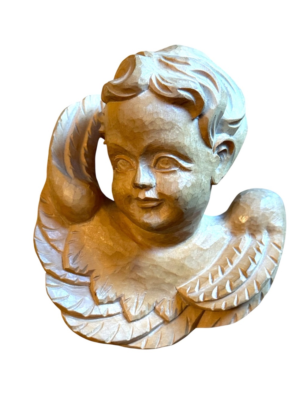 Vintage Beige Wood Cherub Sculpture - Vintage